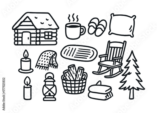 Cozy winter essentials: cabin, warm drinks, candles, blanket, tree