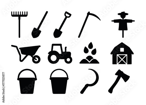 Farm tool silhouettes: tractor, shovel, rake, barn, scarecrow, watering