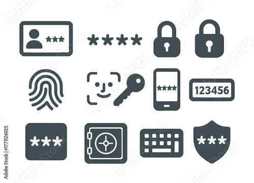 Security elements: icons of passwords, biometric locks, and safeguards