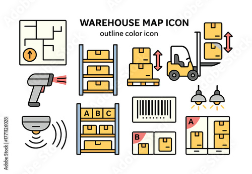 Warehouse logistics icons including forklift, shelves, barcode scanner, and security camera