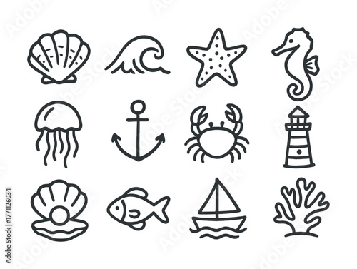 Black and white sea icons: shells, waves, starfish, seahorse, marine life drawings