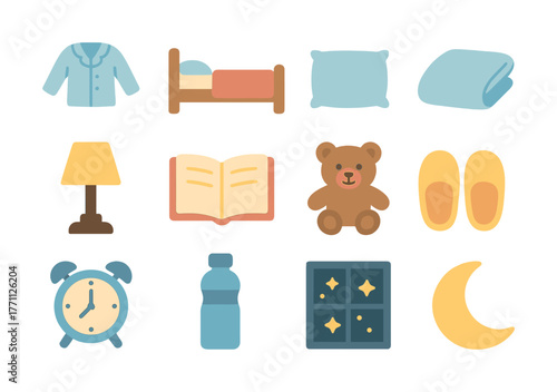 Cozy bedroom icons: pajamas, bed, pillow, blanket, lamp, book, teddy, slippers, clock, bottle, window, moon
