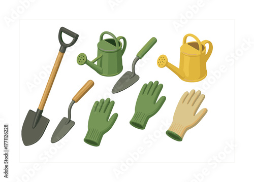 Collection of garden tools including shovels, watering cans, and gloves for horticulture