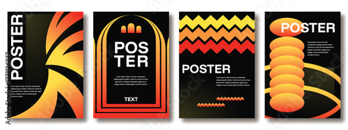 Dynamic poster templates in orange, red, and black with bold curved shapes and geometric lines. Perfect for sports, music, or energetic promotional brand visuals.