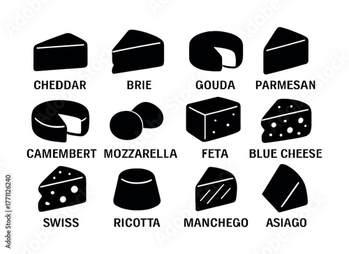 Collection of cheese types: cheddar, brie, gouda, parmesan, camembert, and more