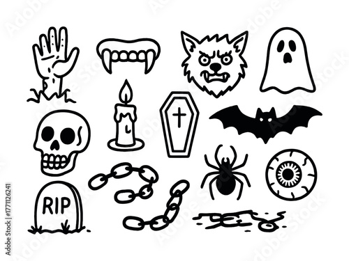 Halloween doodles: ghost, vampire fangs, werewolf, skull, and more spooky icons