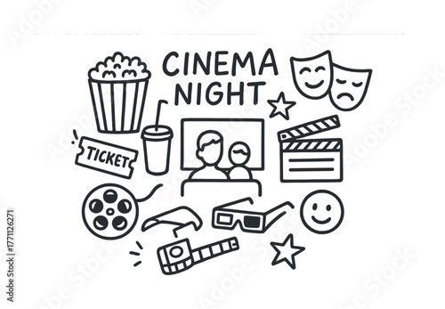 Cinema night icons: popcorn, ticket, clapperboard, film, movie screen, comedy, drama masks