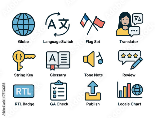 Language tools and icons set featuring translator, flag, globe, and glossary for multilingual communication