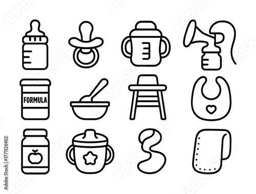 Baby feeding essentials icons: bottles, pacifiers, high chair, bibs, and more