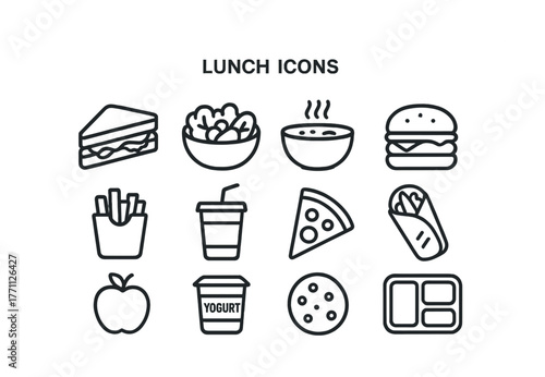 Assorted lunch icons set: sandwich, salad, soup, burger, fries, drink, pizza, wrap, apple, yogurt, cookie, tray