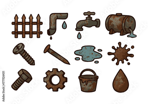 Rusty metal objects collection with fence, tap, barrel, screw, nail, gear, bucket, and water spill