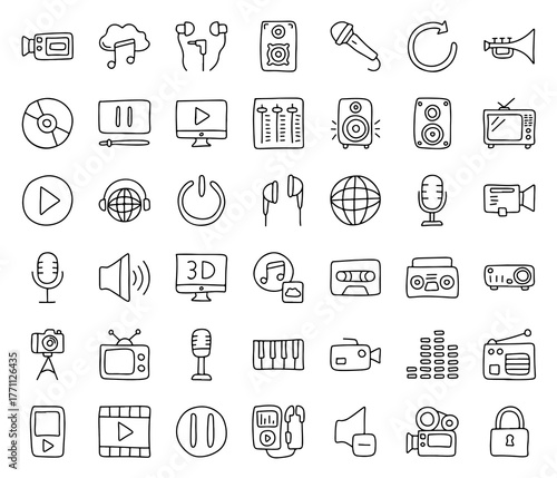 Podcast and Music Icon Set – Hand Drawn Doodle Media Icons with Microphone, Headphones, Speaker, Camera, Sound, Play Button, Radio, Music Note, and Recording Tools for Audio and Broadcasting Design