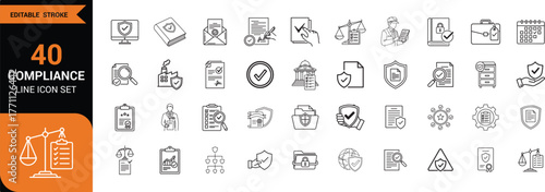 Compliance line icon set. Including Audit, Policy, Regulation, Shield, Checklist, Law, Document, Security, Standard, Certificate. Line art vector illustration