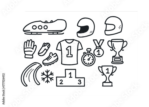 Winter sports icons: sled, helmets, gloves, trophy, medal, stopwatch, hockey stick