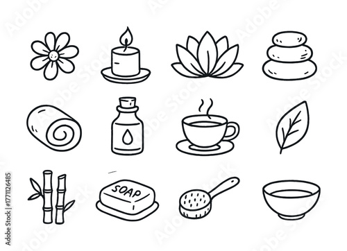 Set of spa elements: candle, lotus, stones, oil, and soap in hand-drawn style