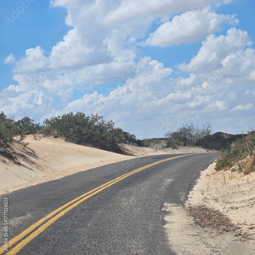 Road between sand dunes in Monahans Sandhills State Park, Texas