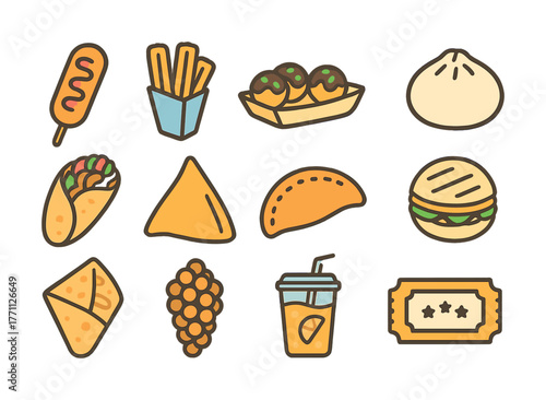 Cartoon food icons: taco, dumpling, soda, fries, meatballs, sandwich
