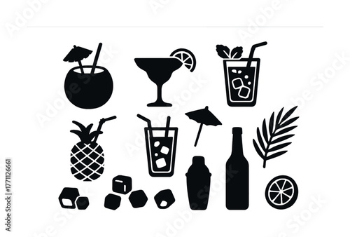 Tropical cocktail silhouettes: drinks, umbrellas, pineapple, palm leaf, ice cubes