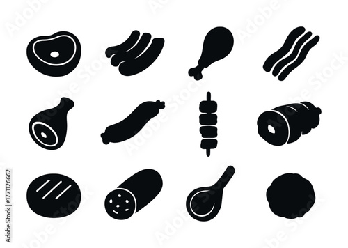 Assorted meat icons: steak, sausage, chicken, bacon, ham, kebab, ribs