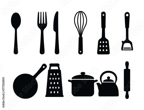 Silhouette collection of kitchen utensils and cookware essentials