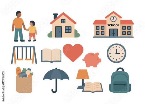 Family and school icons with diverse elements for education and daily life