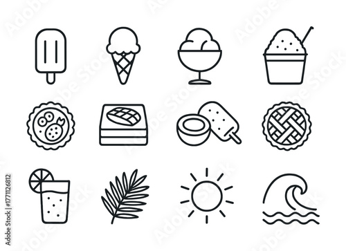 Summer dessert and beach icons: ice cream, popsicle, pie, sun, wave, and more
