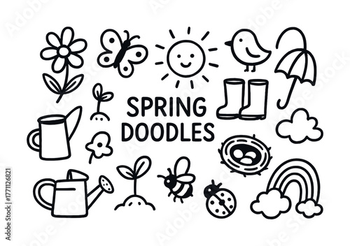 Spring doodles: whimsical nature illustrations of flowers, animals, and weather symbols