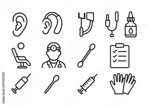 Ear care icon set with medical tools and equipment illustrations