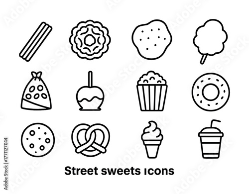 Street sweets icons set: cotton candy, donut, popcorn, churros, toffee apple