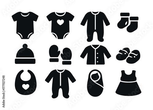 Black and white baby clothes icons including onesies, mittens, and booties