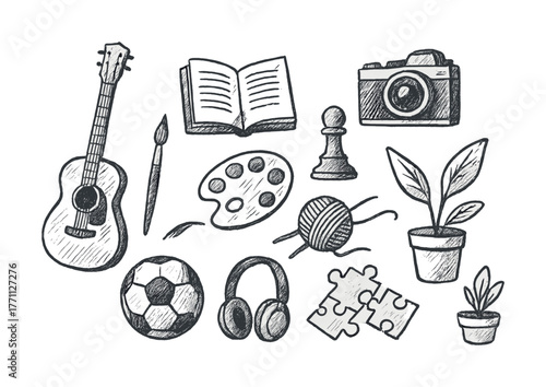 Doodle art collection: guitar, palette, chess piece, camera, yarn, plants, soccer ball, headphones