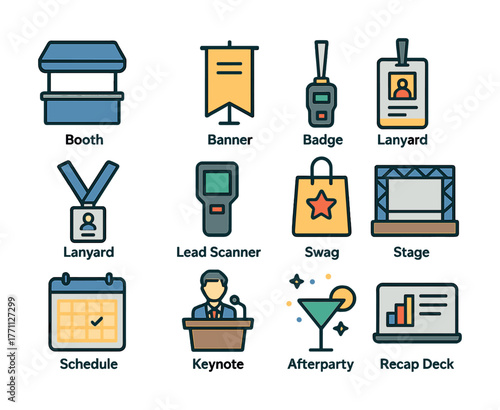 Event essentials: booth, banner, badge, lanyard, lead scanner, swag, stage, schedule, keynote, afterparty, recap