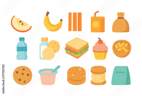 Assorted snack icons including fruits, sandwiches, cookies, and beverages