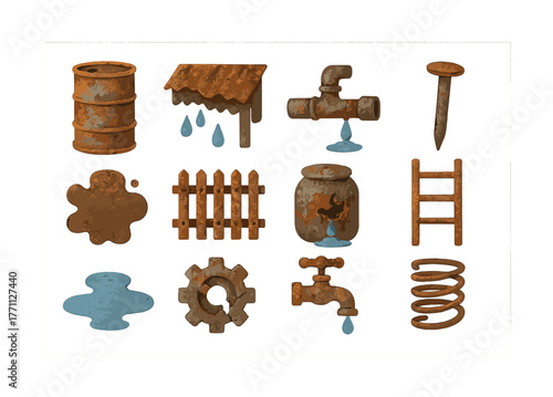 Rusty objects collection with barrel, faucet, and tools depicting industrial decay