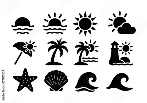 Black icon set featuring sun, beach, palm tree, and ocean themes