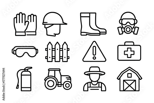 Safety equipment and farm icons: gloves, goggles, helmet, boots, tractor, barn