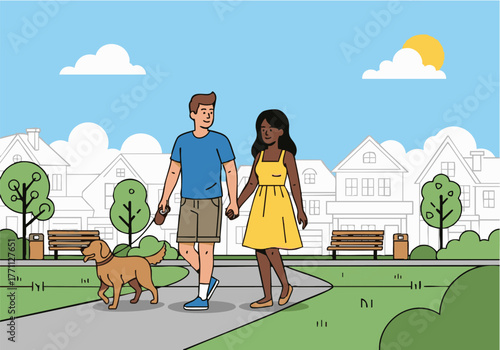 A couple strolls hand-in-hand with their dog through a sunny park setting.