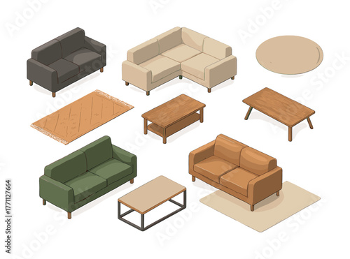 Isometric furniture set with modern sofas and wooden tables on white background