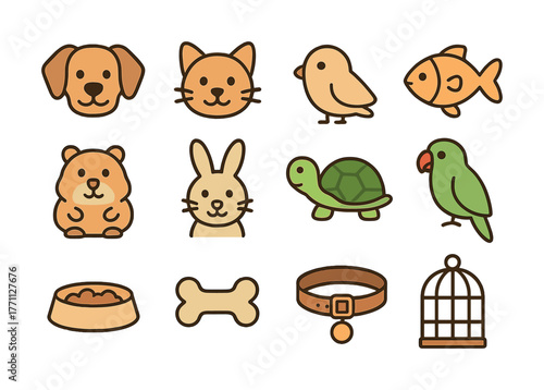 Cartoon animal icons featuring pets and accessories