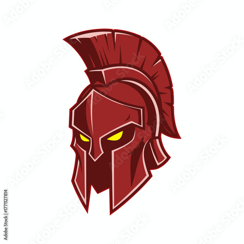 A fierce Spartan helmet icon in shades of red, with glowing yellow eyes, and an aggressive gaze