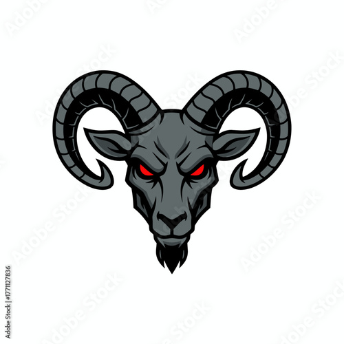 A menacing illustration of a goat's head with large horns, red eyes, and a stern expression