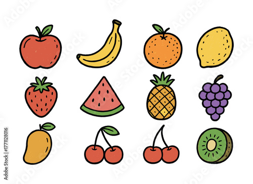 Colorful hand-drawn fruits collection featuring apple, banana, orange, and more