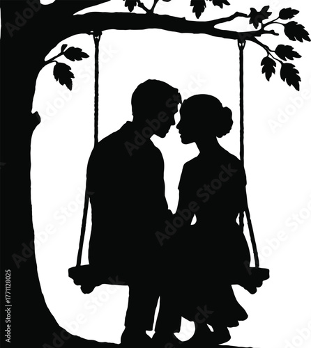 A romantic couple sharing a tender moment on a tree swing silhouette