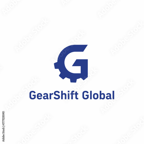 A blue logo featuring a stylized "G" with a cogwheel element, with text below