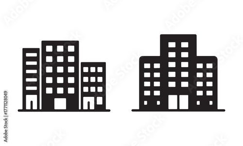 Flat Building Icon Set Illustration Featuring Two Urban Architecture Silhouettes Of Multi-Storey Office And Apartment Buildings In Black Vector Graphic For City Skyline Real Estate And Construction De