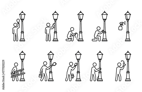 Stick figures engaged in various lamp post repair and maintenance activities