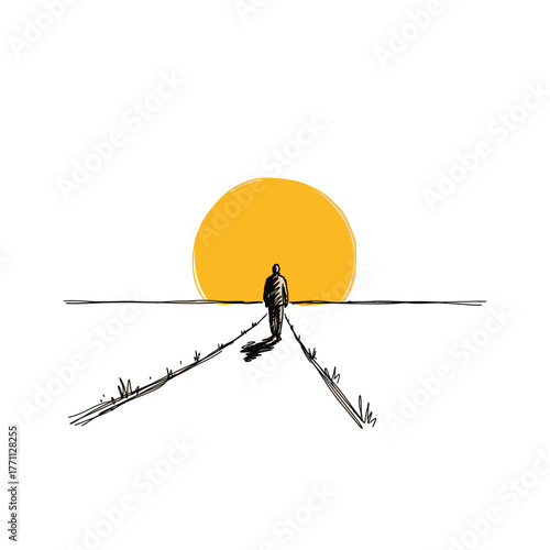Man walking towards the sun illustration sunset sunrise path road journey travel adventure sketch drawing art minimalist simple