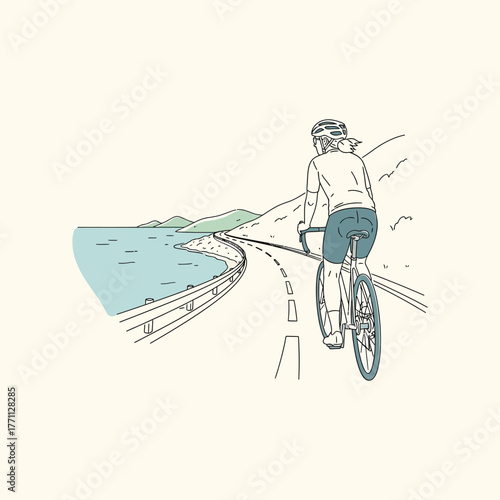 Cyclist on Coastal Road bicycle sea ocean helmet sport exercise fitness illustration drawing artwork outdoors travel vacation scenic