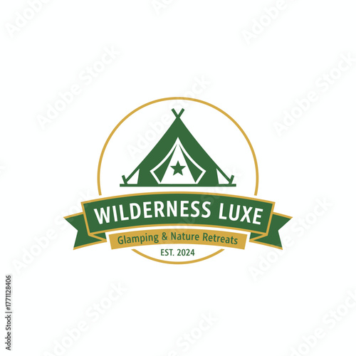 A logo displays a tent inside a gold circle above a ribbon with text. Includes "Glamping & Nature Retreats