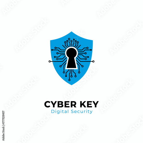 A digital security logo, features a keyhole-shield design in blue, black, and white